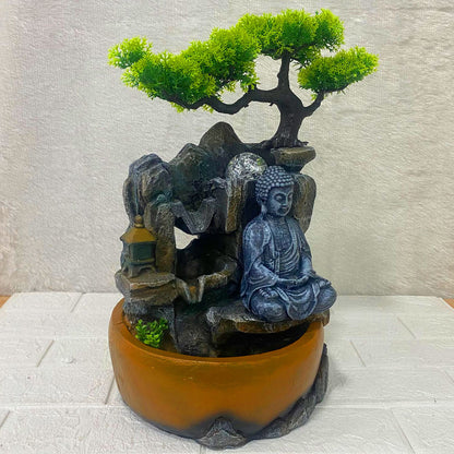 AM6256 Meditating Buddha Tabletop Water Fountain with Bonsai Tree