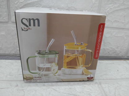 AM3721 Drinking Mug with Handle and Clear Lid with Straw