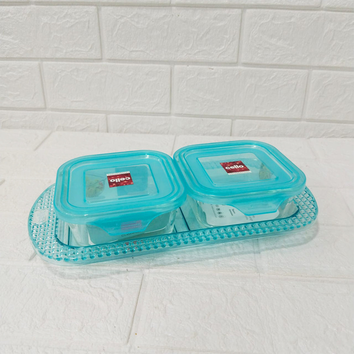 Di0245 Cello Glassware Artista 2 Square Container with Lid  & 1 Tray Set  - Set of 3 Pcs