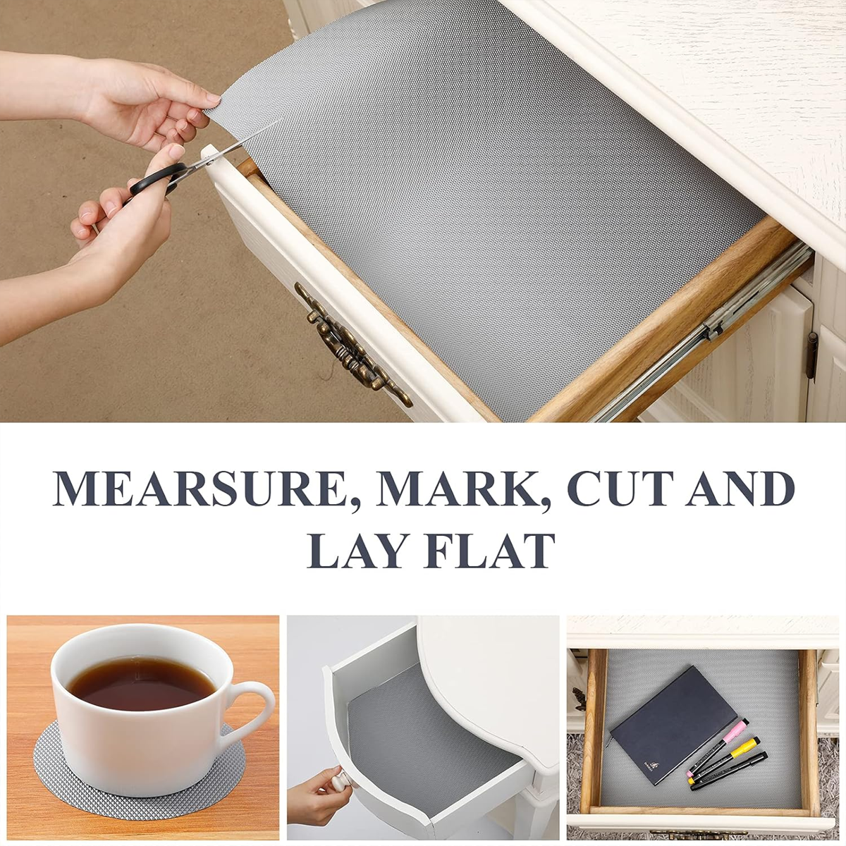 AM6348 Anti Slip Mat for Fridge, Kitchen Drawer mat (Grey) 45x500 cm