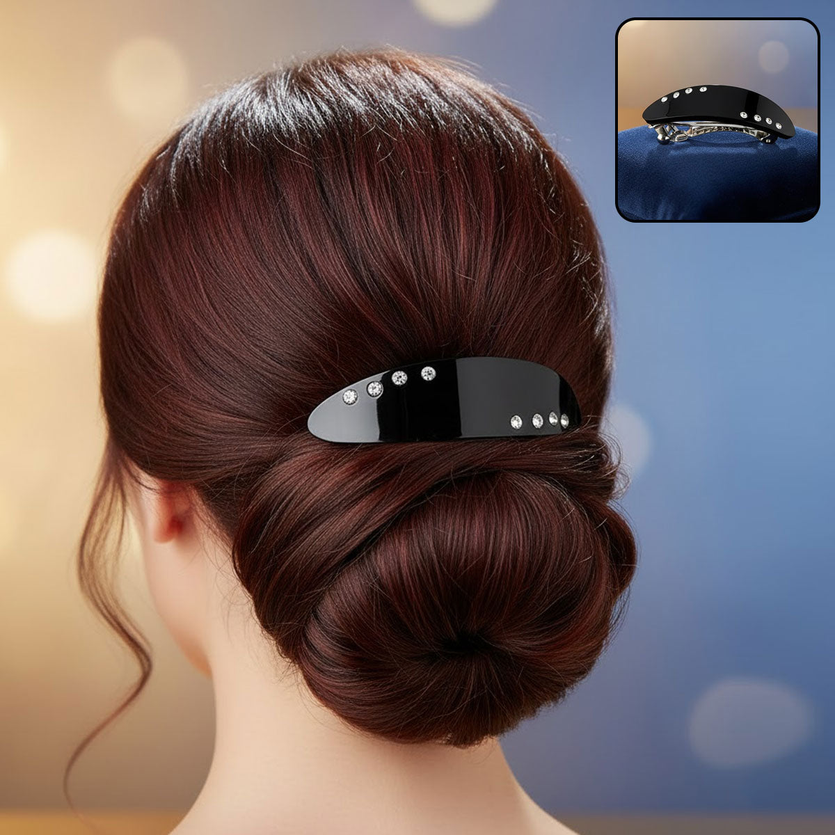 AM6390 Elegant Black Oval Rhinestone Hair Clip - Sparkle Snap Barrette
