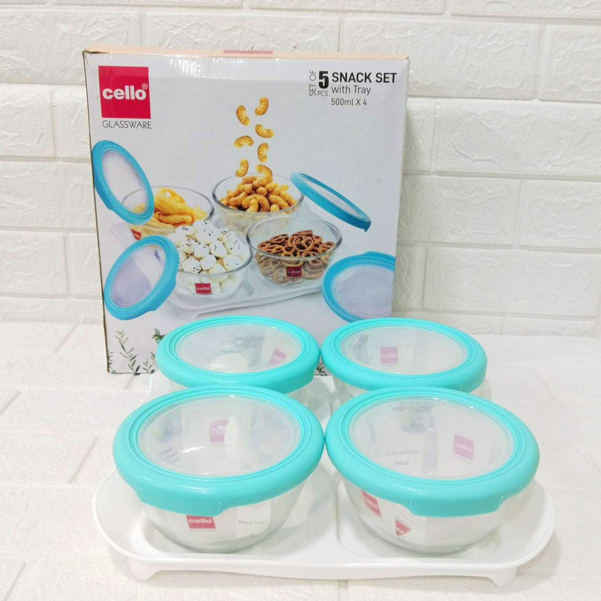 Di0243 Cello Glassware 5-Piece Snack Set with Tray - 500ml Each