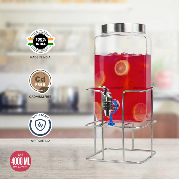 AM5212 Yera Aquafresh - Glass Juice/Mocktails Serving Jar With Tap And Stand - 4000 ml ( 1 pcs)