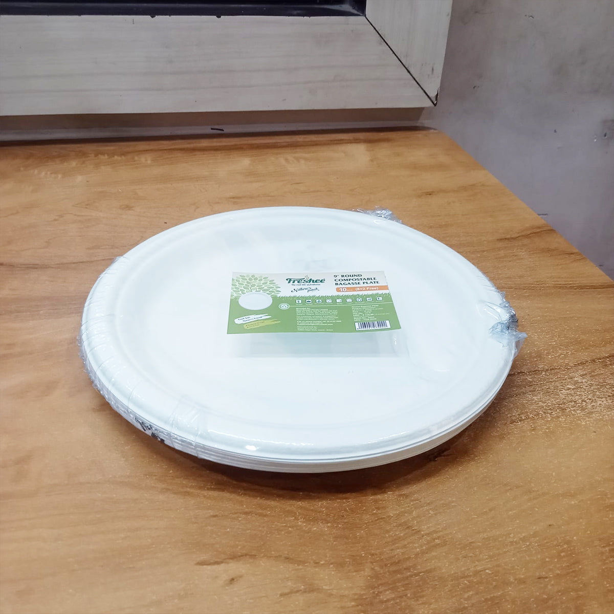 AM5734 Freshee Compostable Bagasse Round Plates (9inch, Pack of 10pc) Food Plate for Party, Wedding, Snack, Dinner
