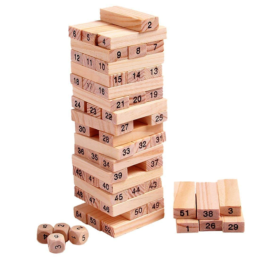 AM6429 Wooden Building Blocks Puzzle 54 Pcs Challenging 4pcs Dice