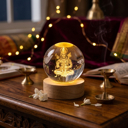 AM6925 3D Laser Engraved Lord Hanuman Crystal Ball Night Light with LED Wooden Base