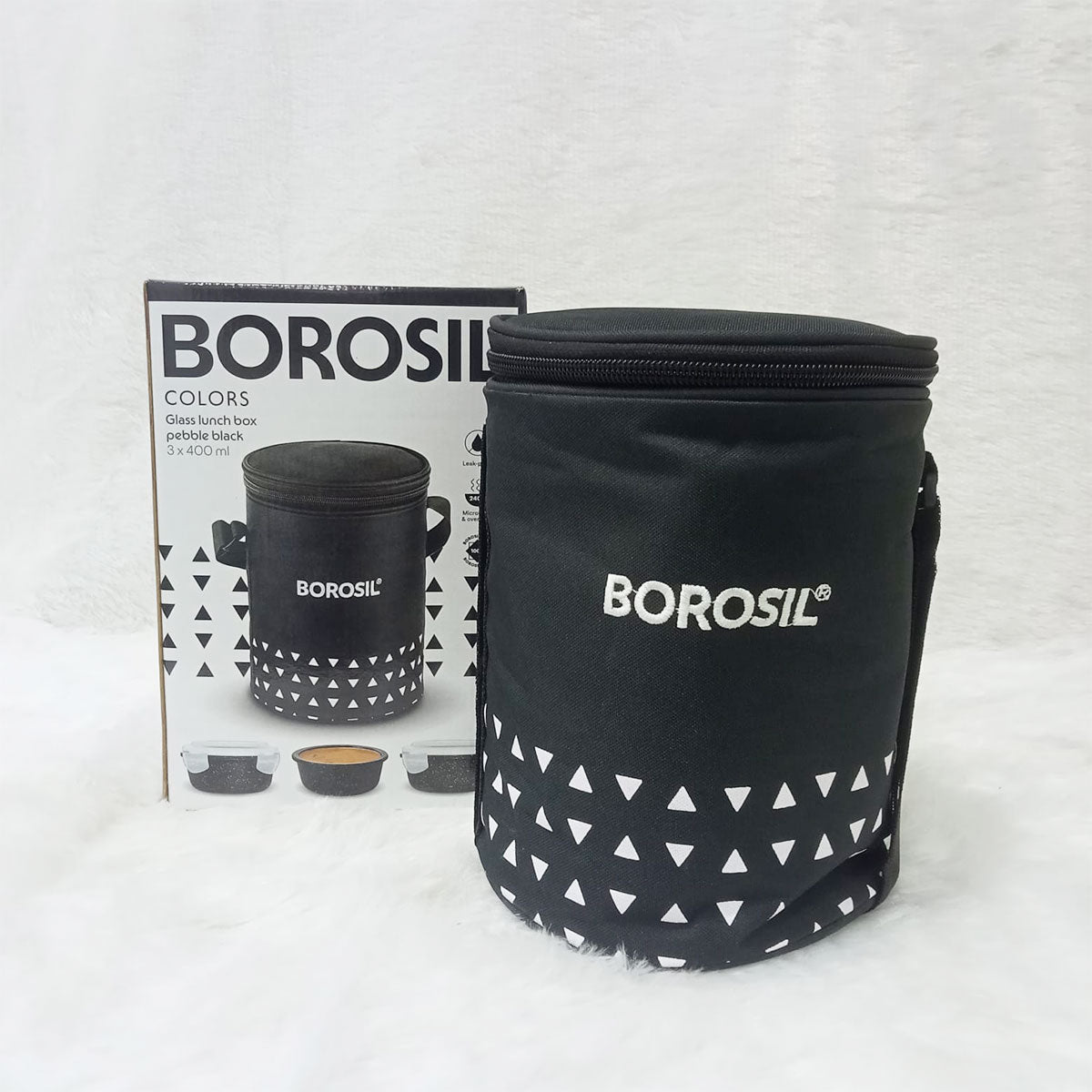 AM6187 Borosil Kube Black Glass Lunch Box, Round x 3 (Tall), Set of 3, 400ml