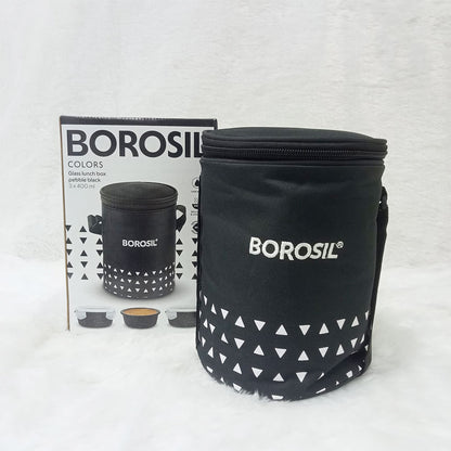 AM6187 Borosil Kube Black Glass Lunch Box, Round x 3 (Tall), Set of 3, 400ml