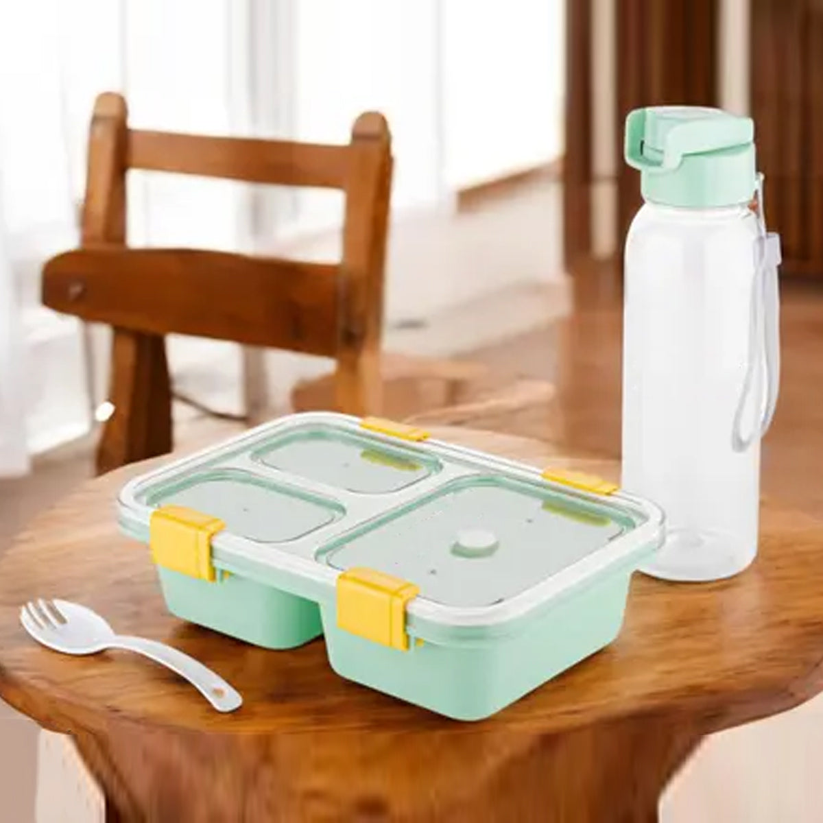 AM5603 Tokyo 3 Compartment Plastic Lunch Box with Water Bottle for Boys, Girls, School & Office Men
