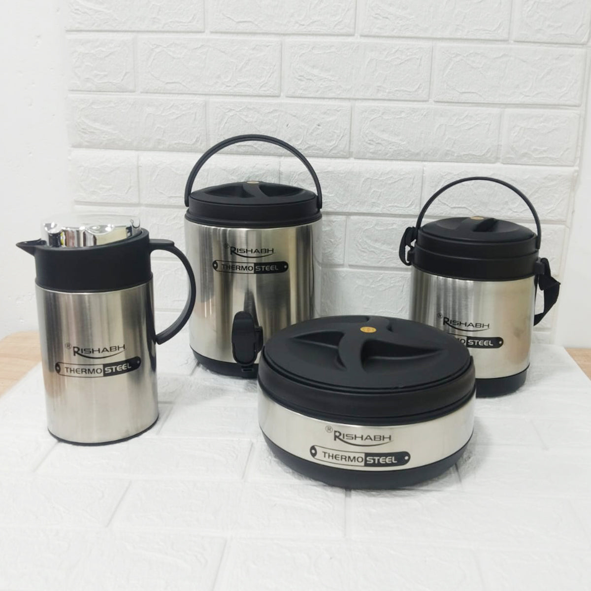 Di0192 Rishabh Small Multipurpose Thermo-Steel 4-Piece Set - Insulated Water Jug, Hot Pot, Lunch Box, and Coffee Pot