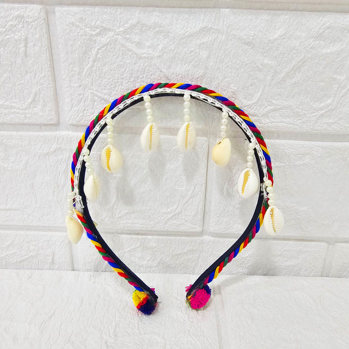 Di0042 Navratri MIx Design Colorful Braided Hairband with Cowrie Shells & Pom-Pom Ends