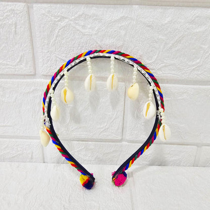 Di0042 Navratri MIx Design Colorful Braided Hairband with Cowrie Shells & Pom-Pom Ends