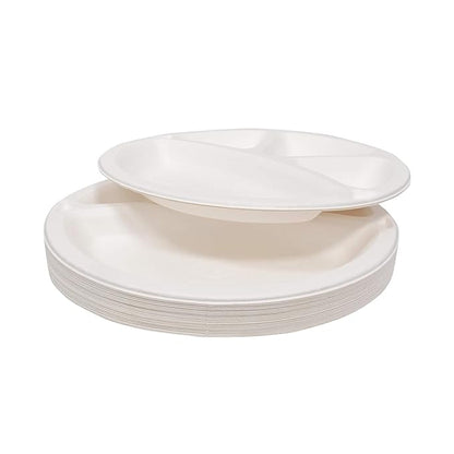 AM5737 Freshee Compostable 4 Compartment Bagasse Round Plate (11 Inch, Pack of 10pc)