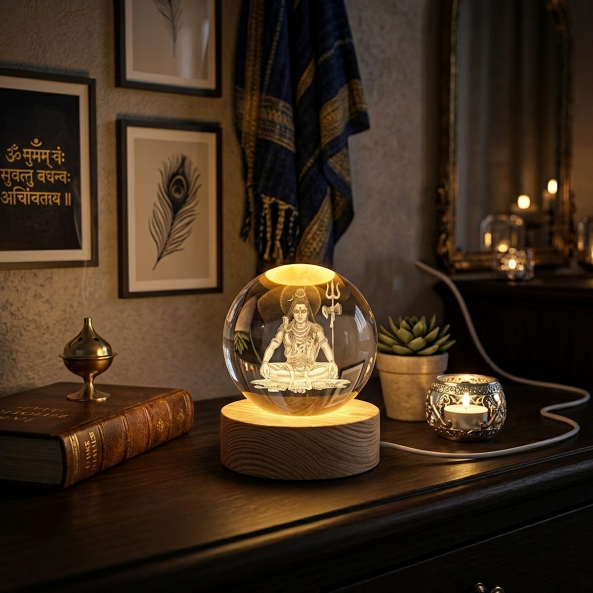 AM6924 3D Laser Engraved Lord Shiva Crystal Ball Night Light with Wooden LED Base