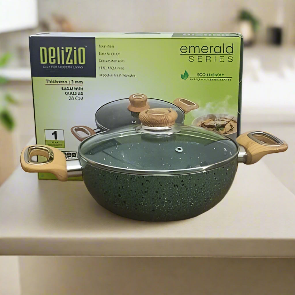 AM3929 Delizio Green Granite Coating Kadai with Glass Lid 20Cm