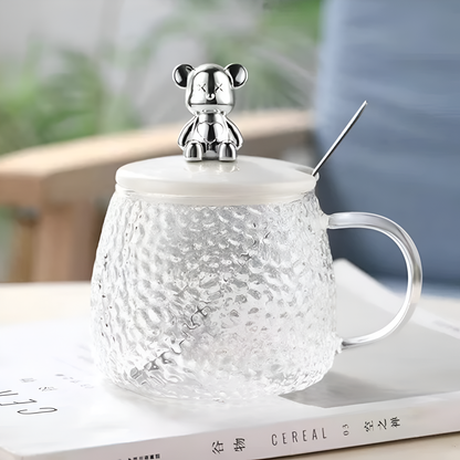 AM7133 Glass Tea Coffee Mug with White Teddy Bear Handle Heat-Resistant Tea Cup