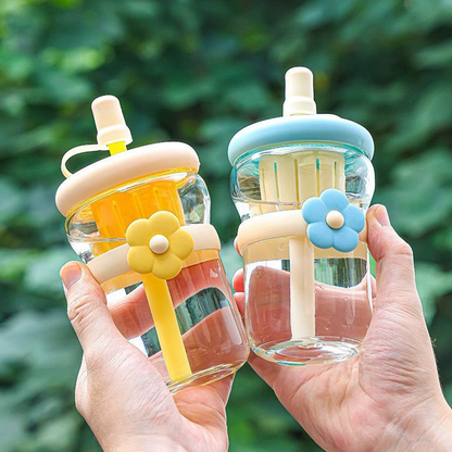 AM7108 Flower Glass Sipper Bottle - 500ml, Built-in Juicer & Straw
