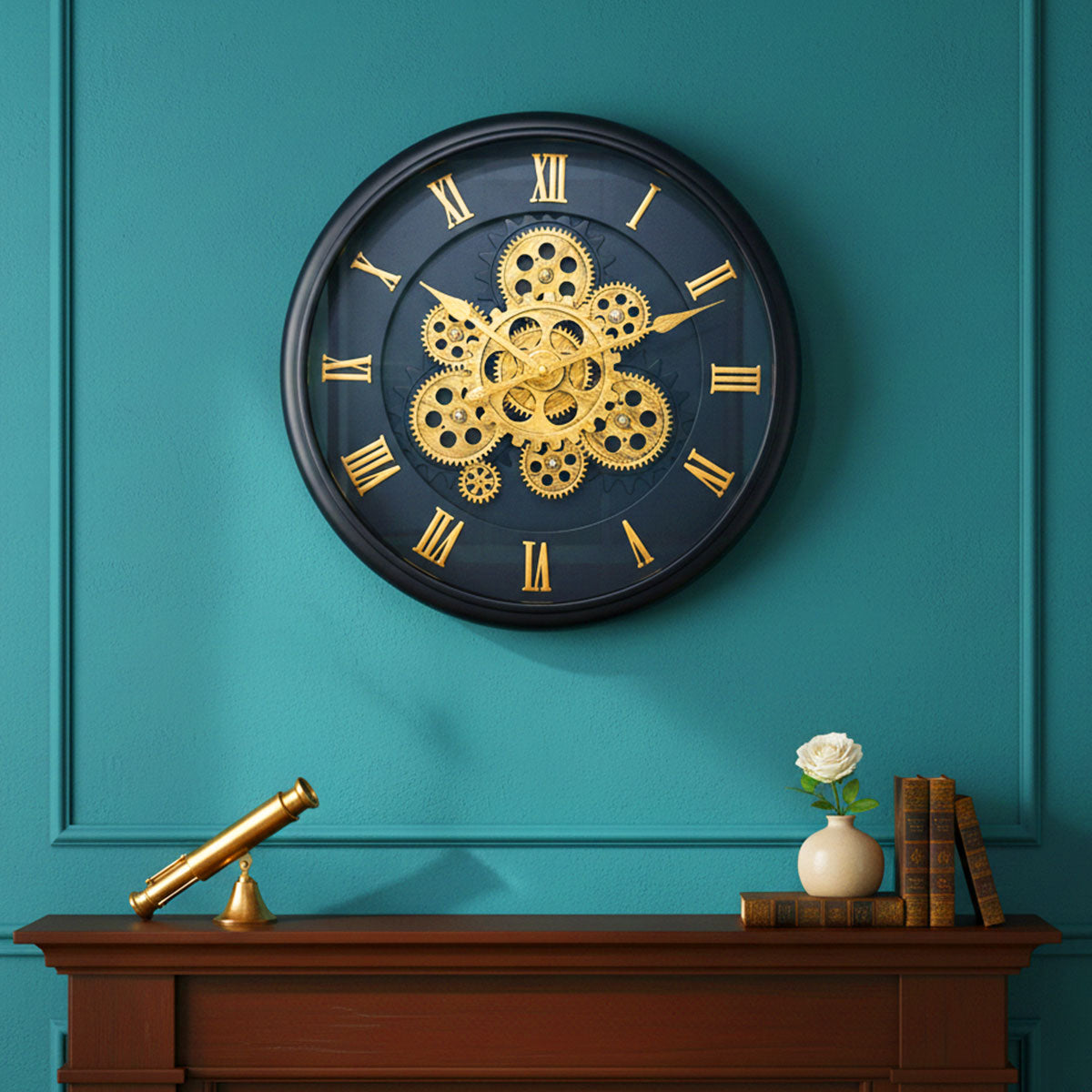 AM6250 Vintage Oversized Modern Rustic Black Wall Clock with Moving Gears Steampunk Clocks