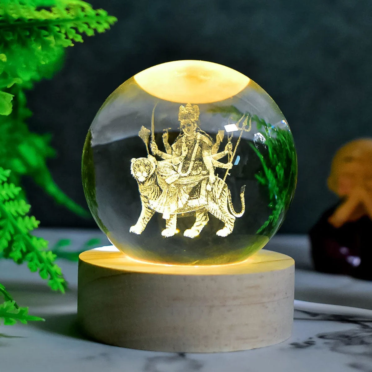 AM5926 3D Crystal Ambaji Mata Ball Night Light with Wooden Base