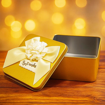 Di0010 Decorative Gold Tin Big Gift Box with Ribbon and "Best Wishes" Tag