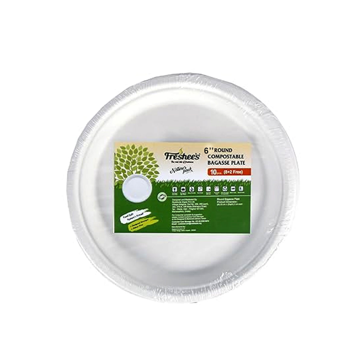 AM5733 Freshee Compostable Bagasse Round Plates (6inch, Pack of 10pc) Food Plate for Party, Wedding, Snack, Dinner