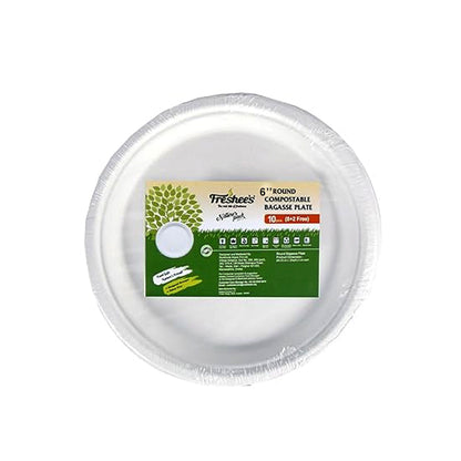 AM5733 Freshee Compostable Bagasse Round Plates (6inch, Pack of 10pc) Food Plate for Party, Wedding, Snack, Dinner