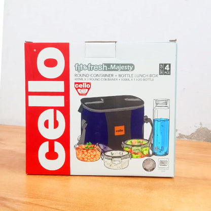 AM5454 Cello Majesty Round Glass Lunch Box 400ml x 3 N with Jacket & Glass Water Bottle 500ml With 2 Spoons (Pack of 4Pc)