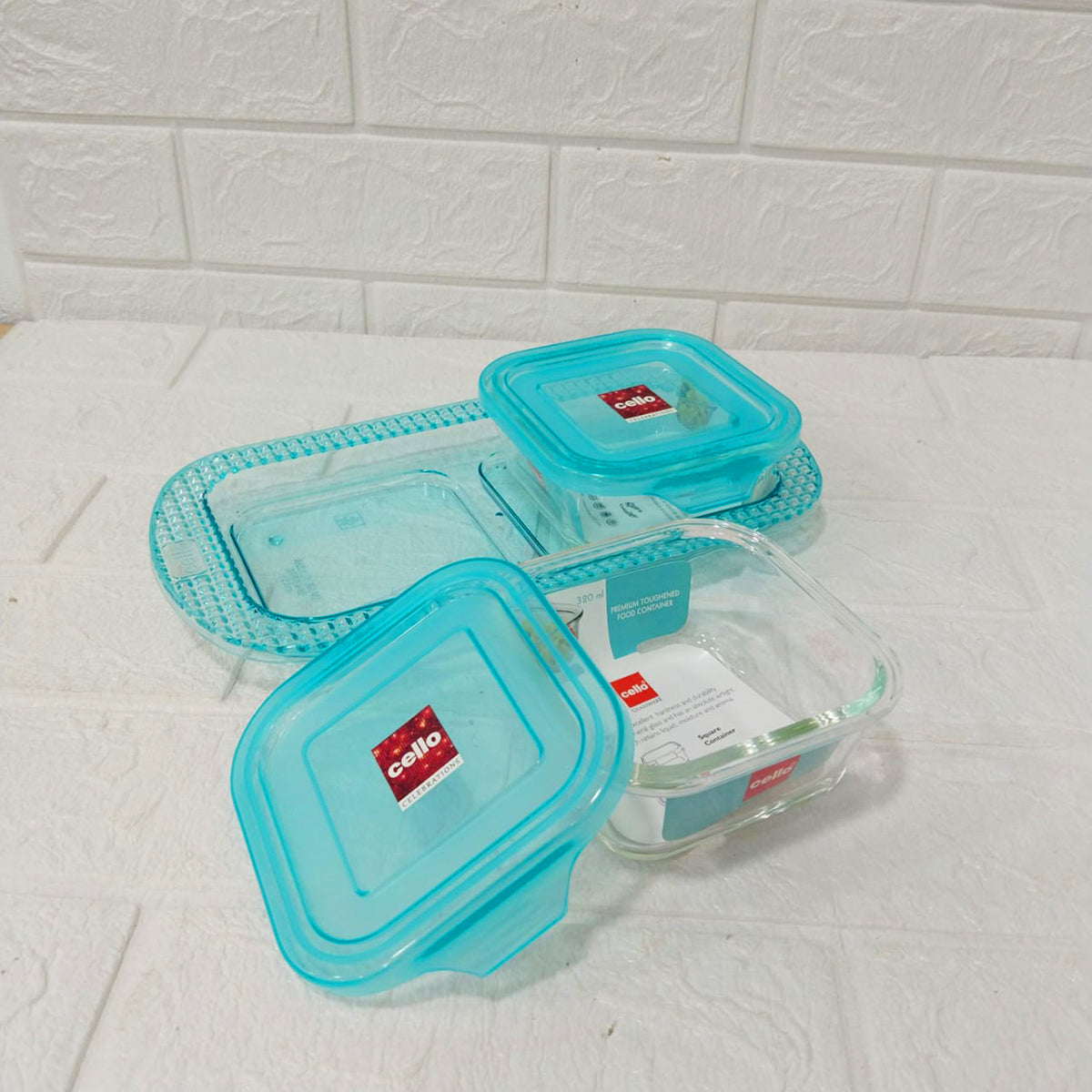 Di0245 Cello Glassware Artista 2 Square Container with Lid  & 1 Tray Set  - Set of 3 Pcs