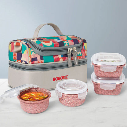 AM6192 Borosil Kube Pink Universal Glass Lunchbox, 320ml x 2 + 240ml x 2