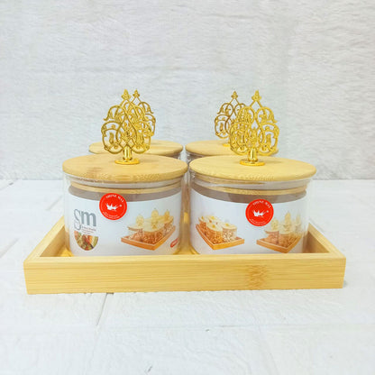 AM3723 Glass Container Jar Bowl With Wooden Deer Lids And Tray 4+1Pcs
