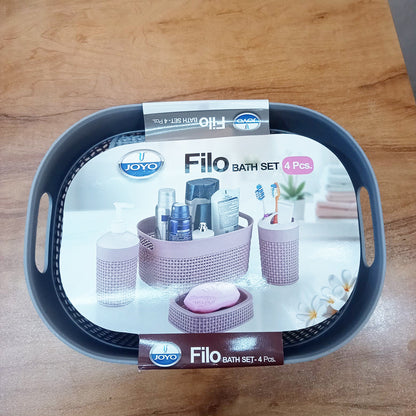 AM5748 JOYO Filo Bath Set - Oval Basket, Liquid Dispenser, Toothbrush Holder, Soap Dish, Brown, 4 pcs
