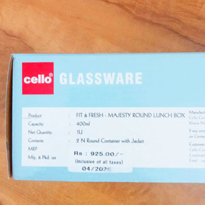 AM5458 Cello Majesty Round Glass Lunch Box 400ml x 2 N with Horizontal Jacket (Pack of 2Pc)