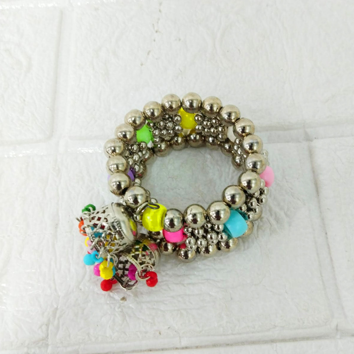 Di0215 Little Girl's Oxidized Silver Bracelet with Multicolor Beads & Jhumki Charms