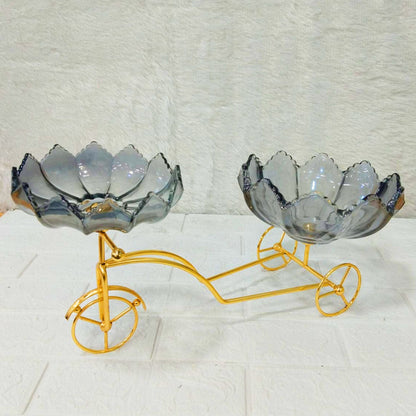 AM6273 Elegant Twin Glass Bowl with Golden Tricycle Stand – Decorative Serving Set