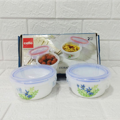 Di0239 Cello Small Marbelow Storage Bowl Set - 2-Piece White Glass Bowls with Floral Print & Airtight Lids