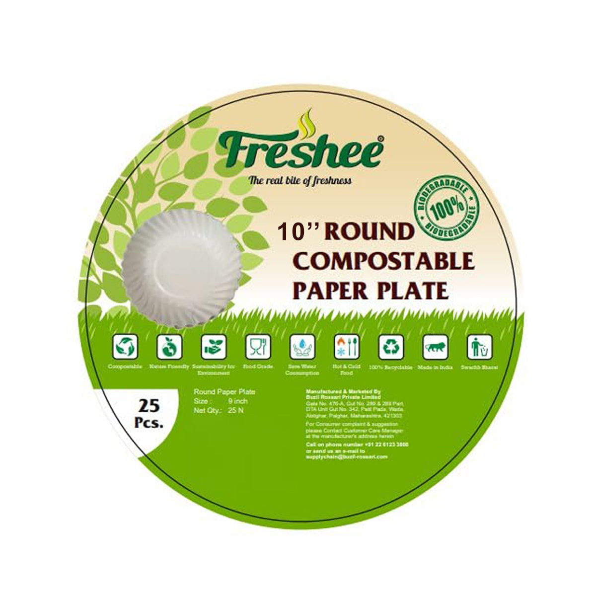 AM5732 Freshee Paper Plates 25pcs, 10inch Round Disposable Small Paper Plates for Serving Party Snacks, Food, Cakes