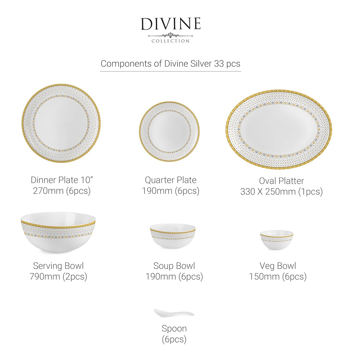 AM5753 Cello Opalware Divine Infinity Dinner Set, 33 Units | Microwave & Dishwasher Safe | Light-Weight & Thermal Resistant | Crockery Set for Dining & Gifting