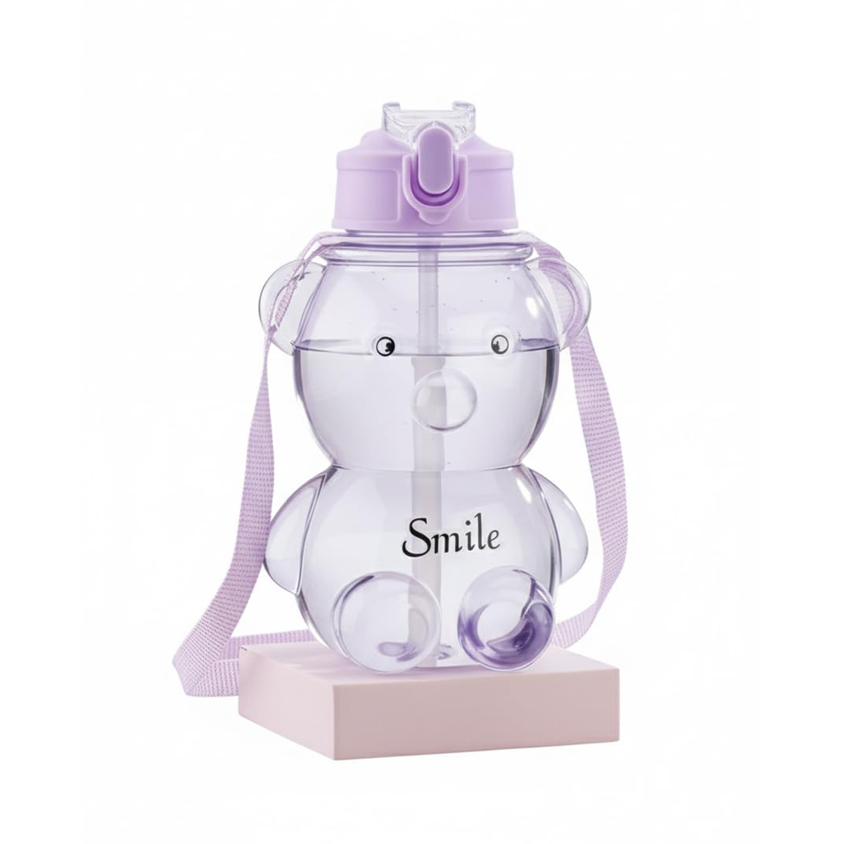 AM6665 Cute Teddy Bear Water Bottle with Straw and Adjustable Shoulder Strap - 1pc