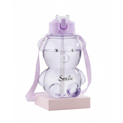 AM6665 Cute Teddy Bear Water Bottle with Straw and Adjustable Shoulder Strap - 1pc