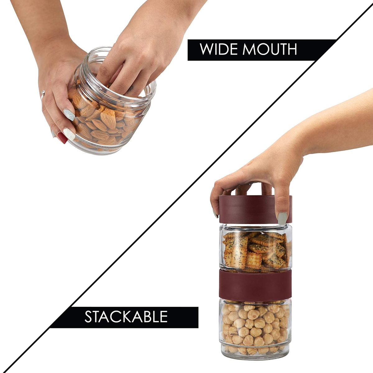 AM0663 CELLO Modustack Glassy Storage Jar | Glass Jar with Lid | Air Tight Steel Lid and Stackable | For Storage of Food, Pulses, Spice, Cereals, Cookies, Dry Food | 2000ml, Maroon