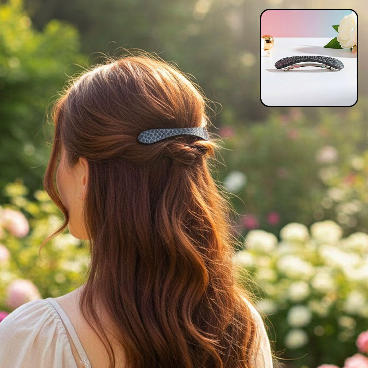 AM6395 Sleek Black & Grey Snakeskin Patterned Hair Barrette / Clip