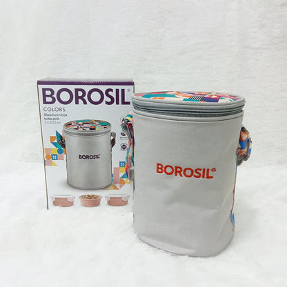 AM6188 Borosil Kube Pink Glass Lunch Box, Round x 3 (Tall), Set of 3, 400ml
