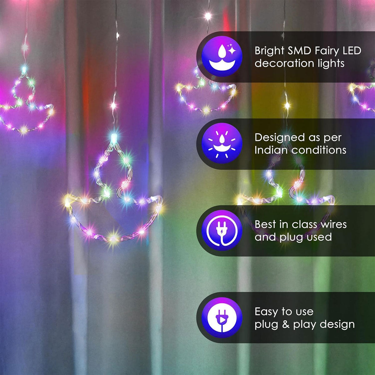 Di0069 10 Fairy Diya LED Curtain String Lights with Flashing Modes - 5x5 (Multicolour)