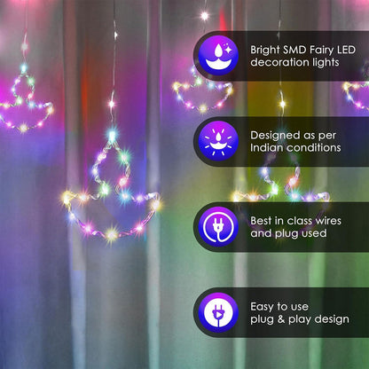 Di0069 10 Fairy Diya LED Curtain String Lights with Flashing Modes - 5x5 (Multicolour)