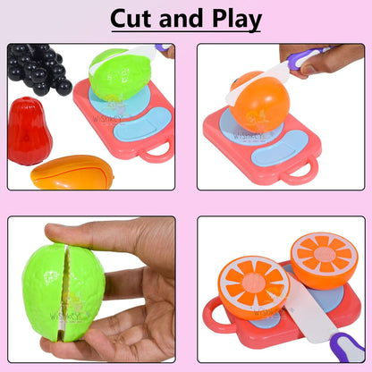 AM0230 Plastic Fruit Cut Toys for Kids, Sliceable Fruit Set with Strong Fasteners Fruits, Plate, Chopping Board & Knife, Fruits Toys Set for Kids – 9 Pcs, Multicolor