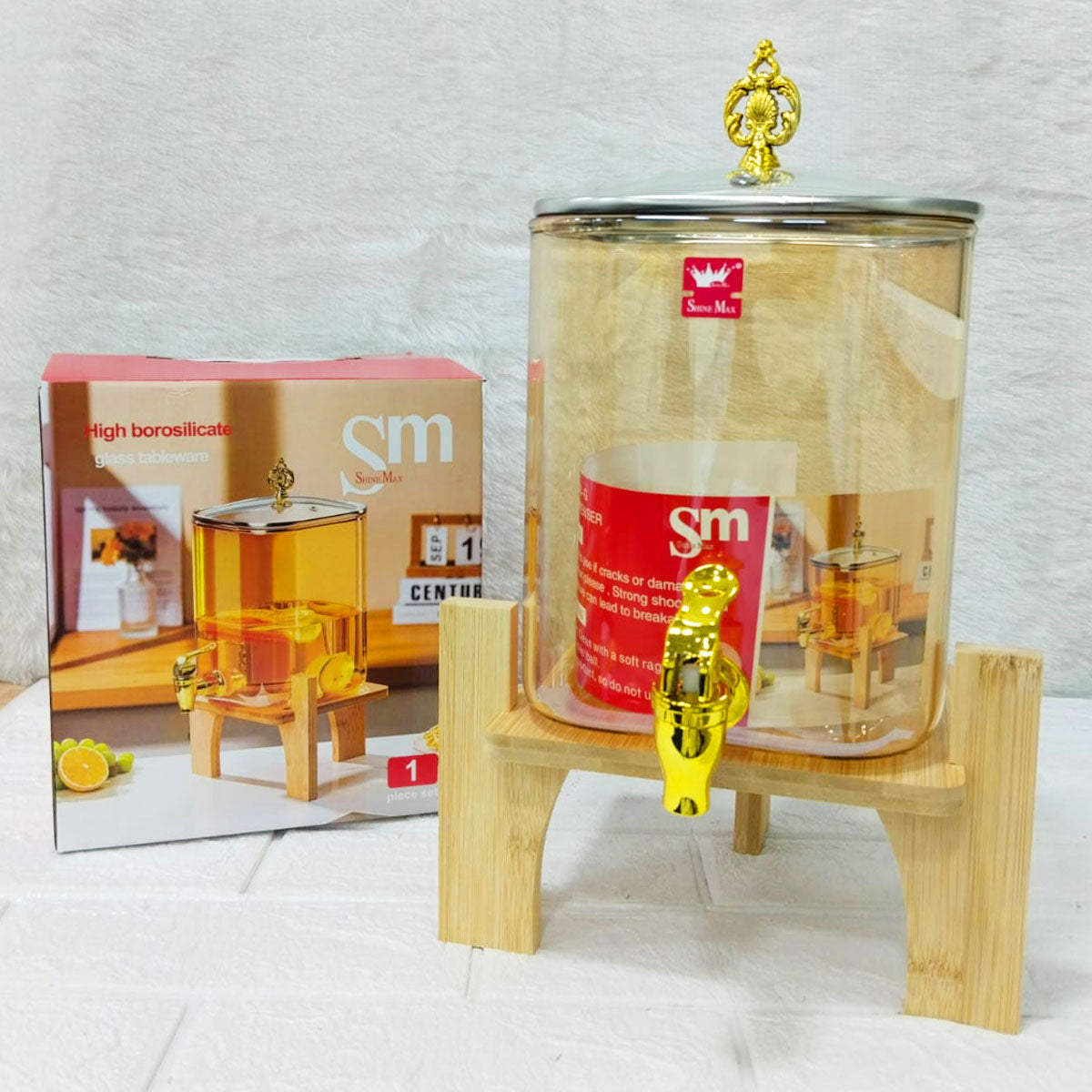 AM6276 High Borosilicate Glass Beverage Dispenser with Wooden Stand 4200 ml – 1 Piece Set