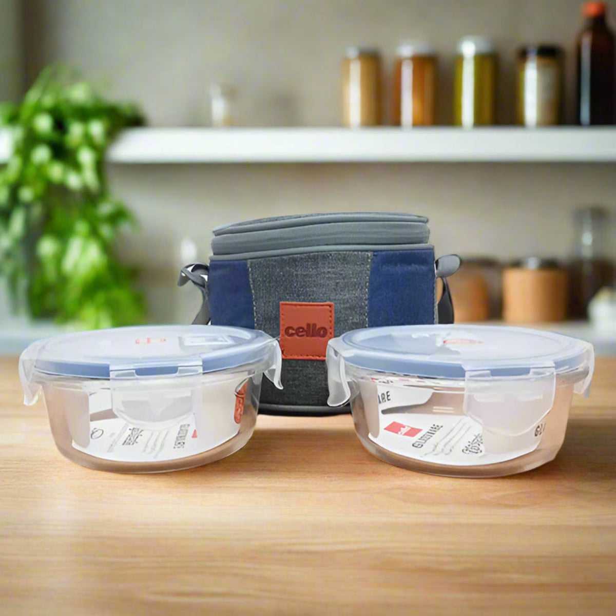 AM5459 Cello Majesty Round Glass Lunch Box 400ml x 2 N with Vertical Jacket (Pack of 2Pc)