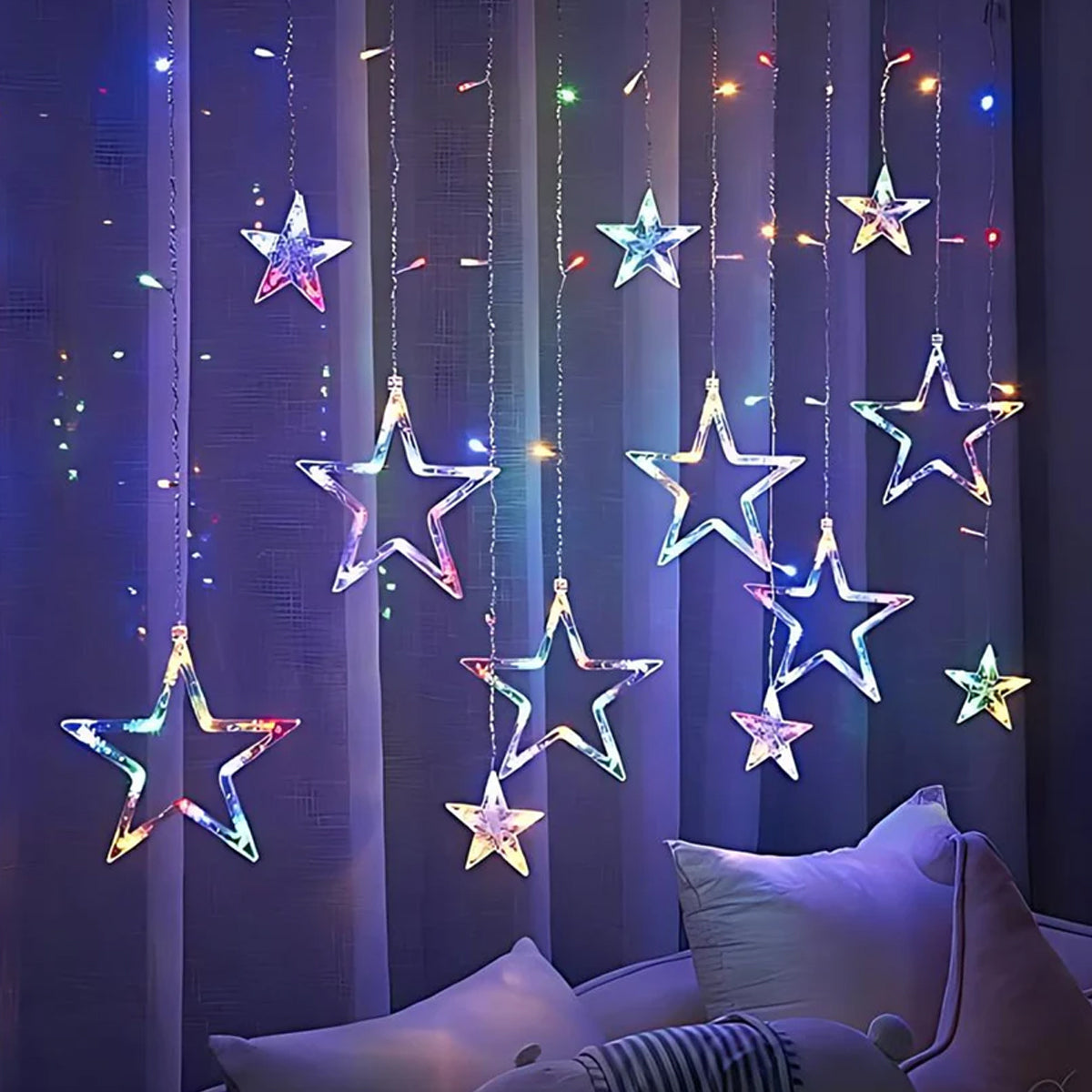 Di0063 12 Stars LED Curtain String Lights with Flashing Modes -  6x6 (Rgrb)
