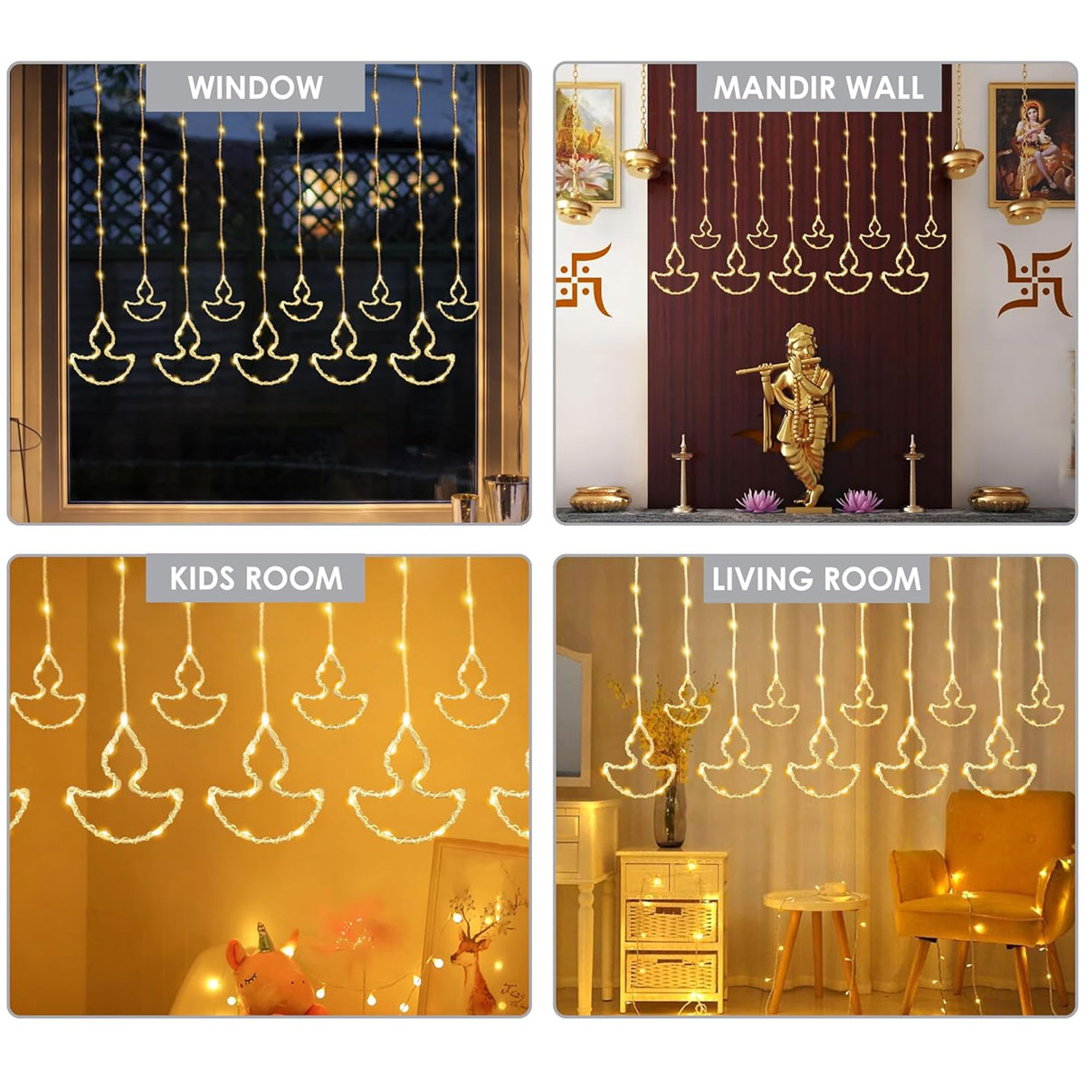 Di0068 10 Fairy Diya LED Curtain String Lights with Flashing Modes - 5x5 (Warm)