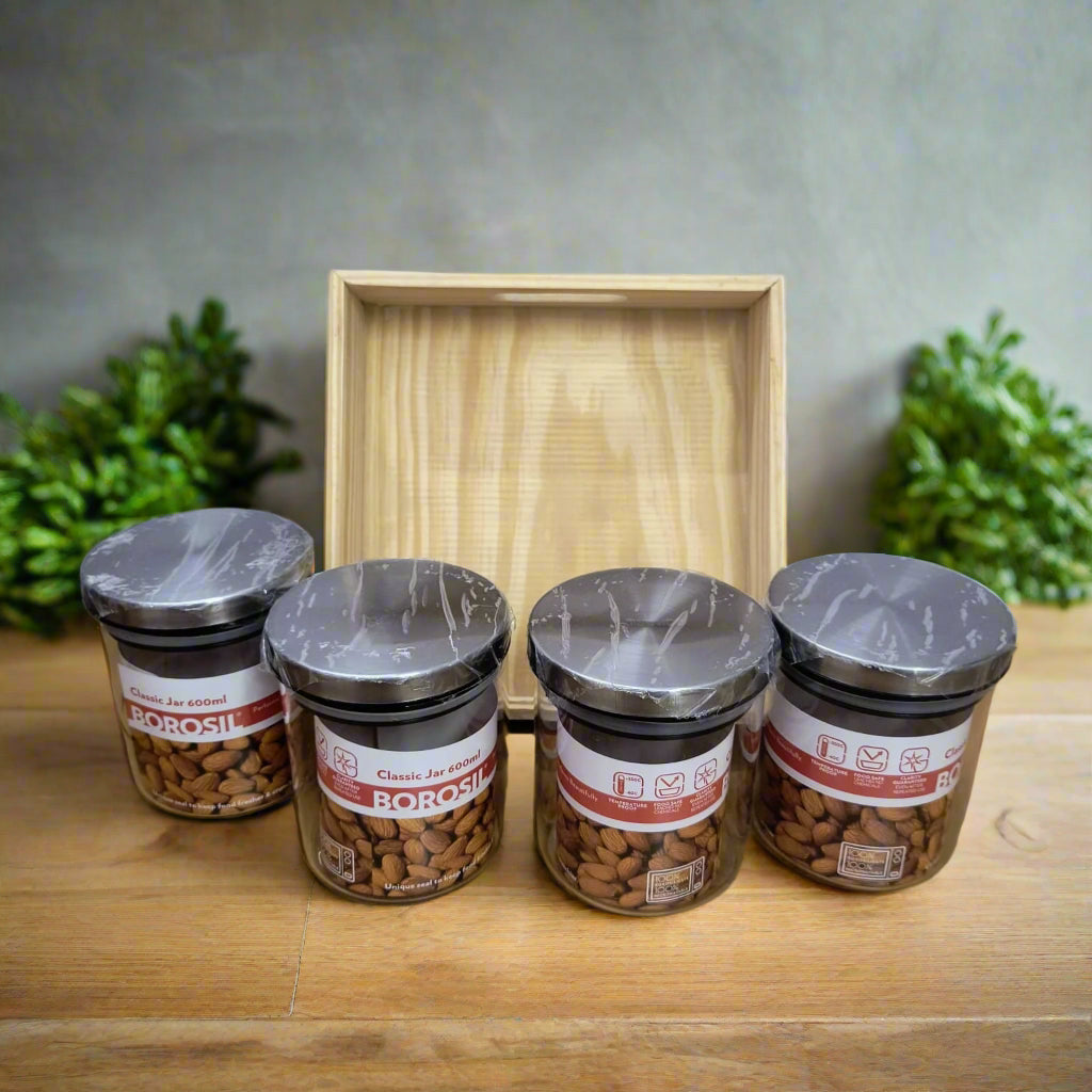 AM5171 Borosil Classic Jars With Wooden Tray - 4Pcs (600 ml Each)